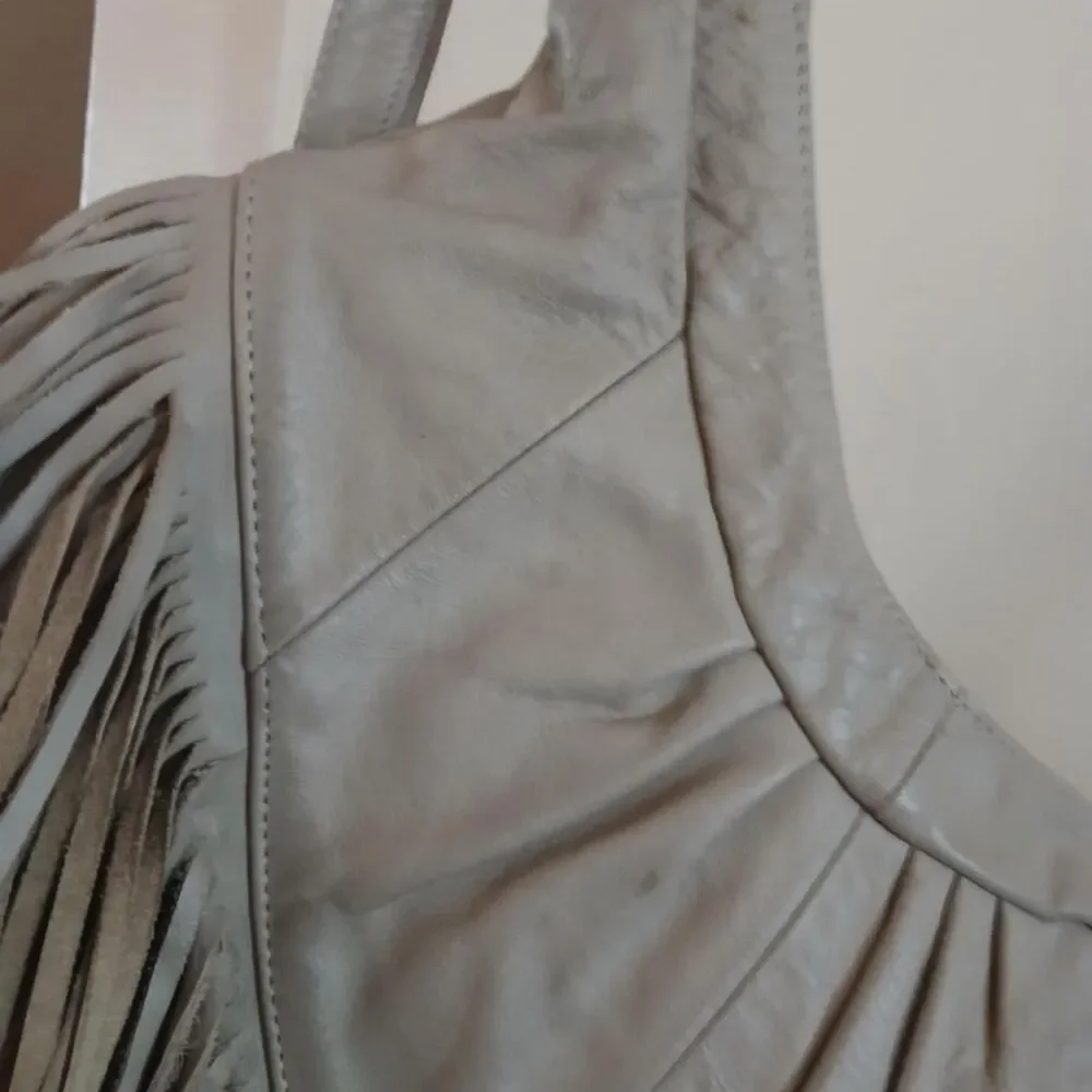 Vintage Genuine Leather Fringe Hobo Bag Taupe Grey Boho Western Slouchy Purse